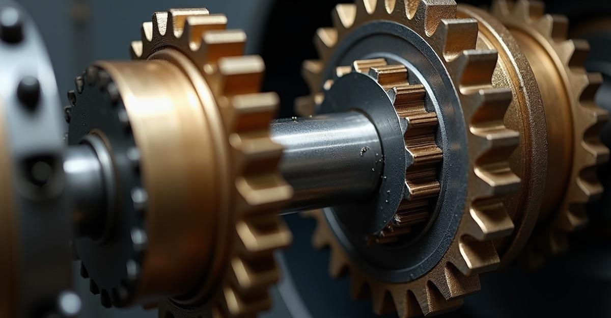 Sistema de tornillo sinfín de acero engranando con corona de bronce — primer plano técnico