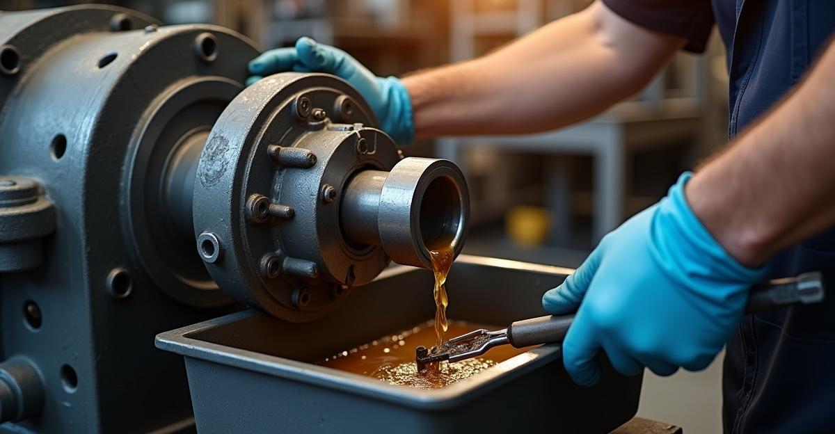 Técnico de mantenimiento drenando aceite de un reductor de velocidad industrial